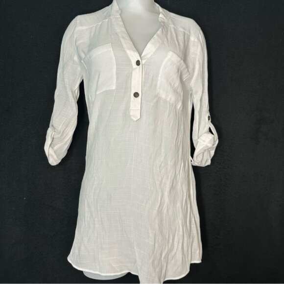 Iz Byer Tops - Women's M White Sheer Mesh V-neck Double Breasted Pocket 3/4 Sleeve Top-IZ Byer